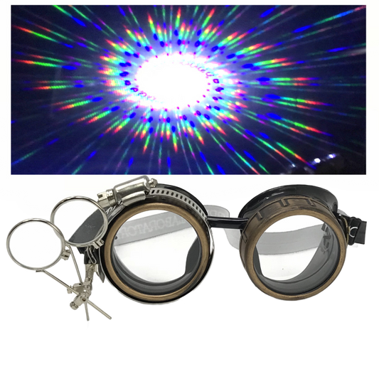 Steampunk Goggles with magnifying loupes crystal clear spiral diffraction lenses