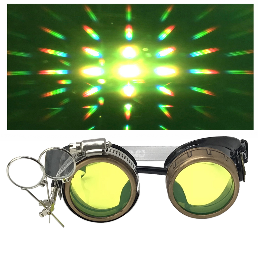 Steampunk Goggles with magnifying loupes UV glow neon blue prism diffraction lenses