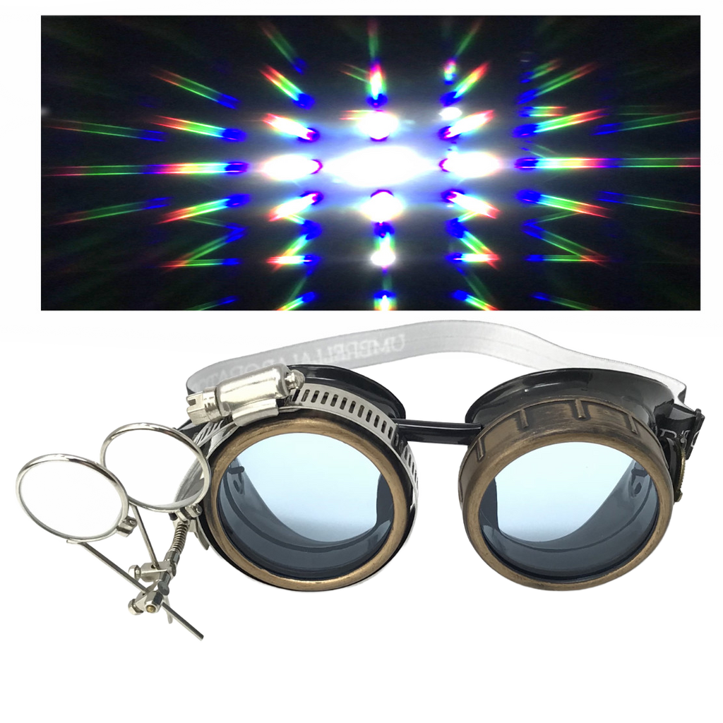 Steampunk Goggles with magnifying loupes UV glow neon blue prism diffraction lenses