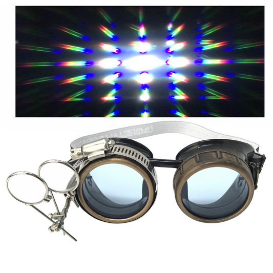 Steampunk Goggles with magnifying loupes UV glow neon blue prism diffraction lenses