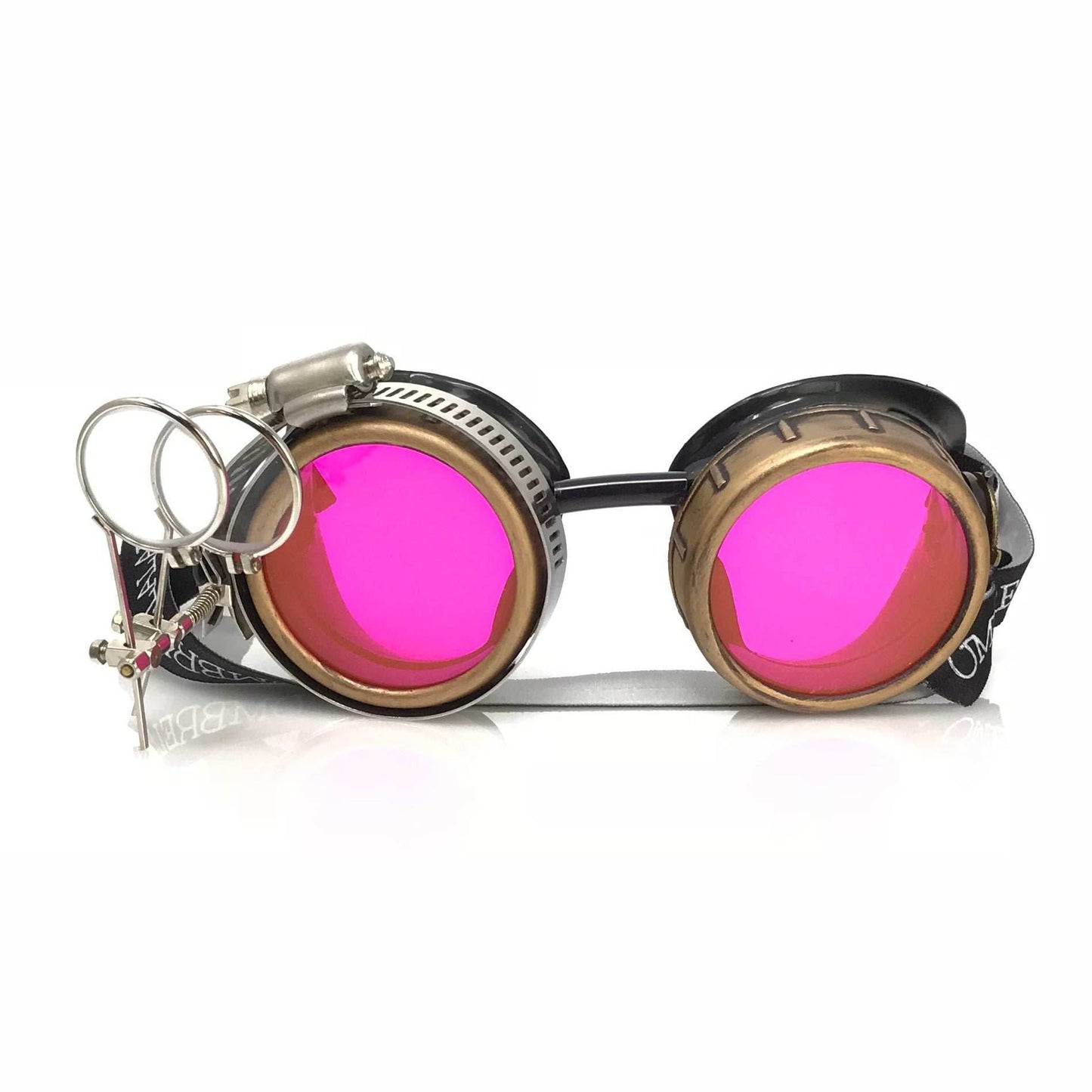 Steampunk Goggles with magnifying loupes UV glow neon pink spiral diffraction lenses - 