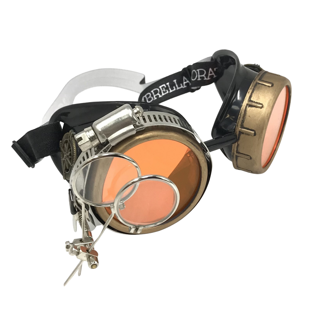 Steampunk Goggles with magnifying loupes UV glow neon orange lenses