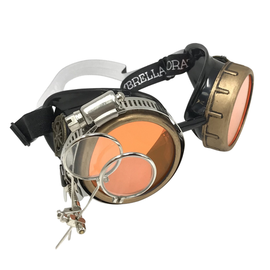 Steampunk Goggles with magnifying loupes UV glow neon orange lenses
