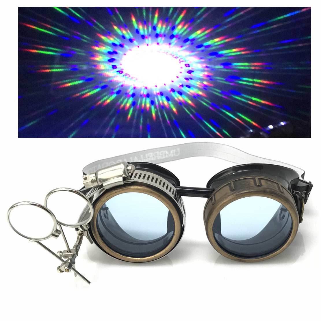 Steampunk Goggles with magnifying loupes UV glow neon blue spiral diffraction lenses - 