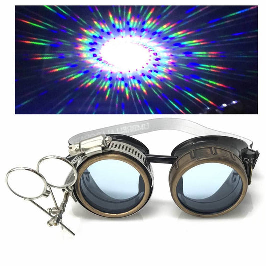 Steampunk Goggles with magnifying loupes UV glow neon blue spiral diffraction lenses - 
