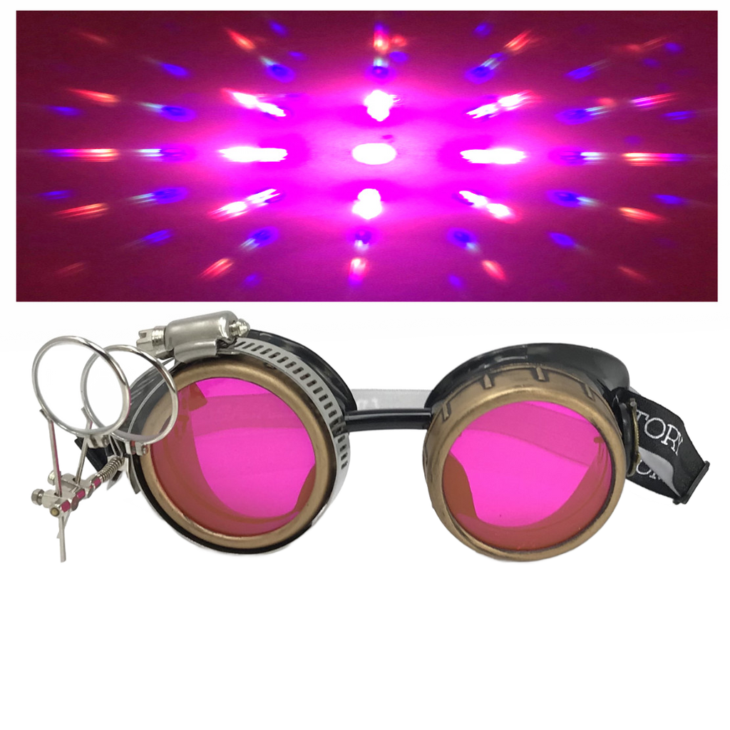Steampunk Goggles with magnifying loupes UV glow neon blue prism diffraction lenses