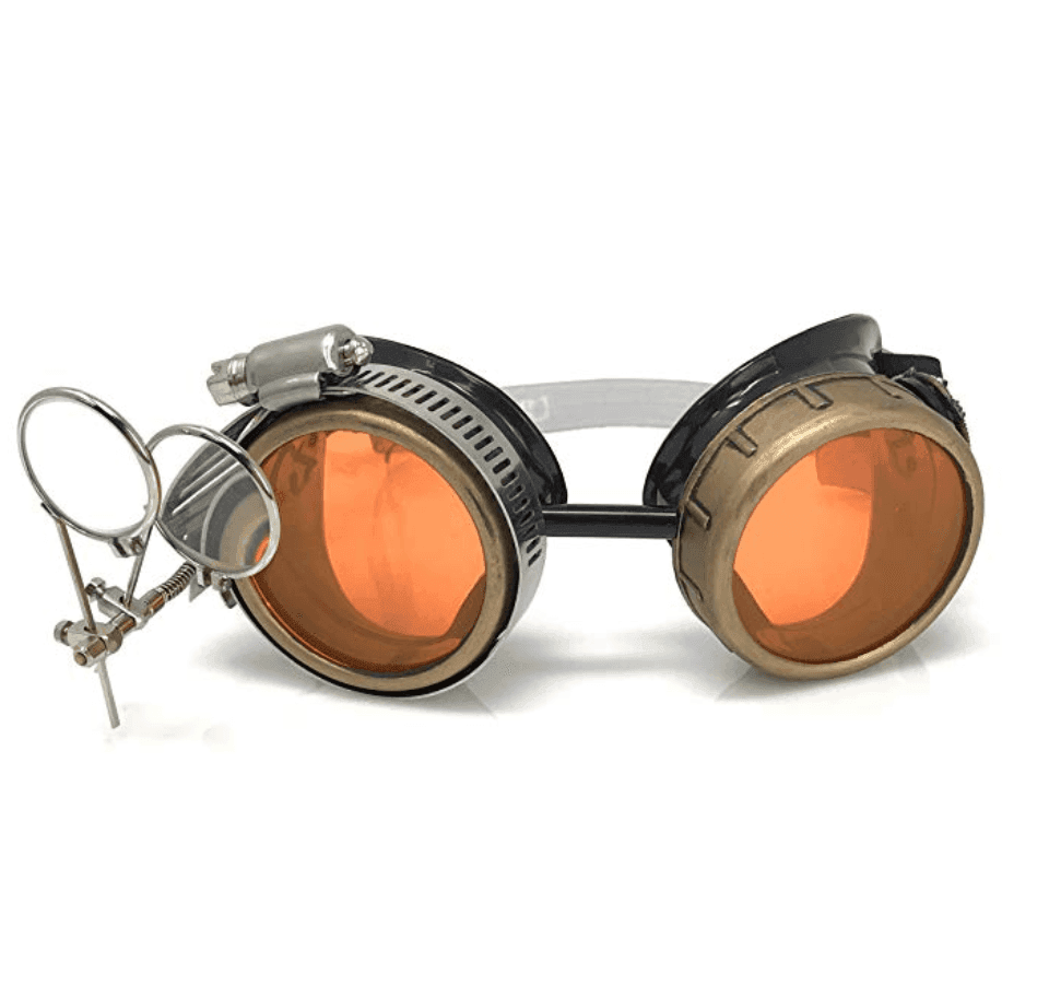 Steampunk Goggles with magnifying loupes UV glow neon orange prism diffraction lenses - 