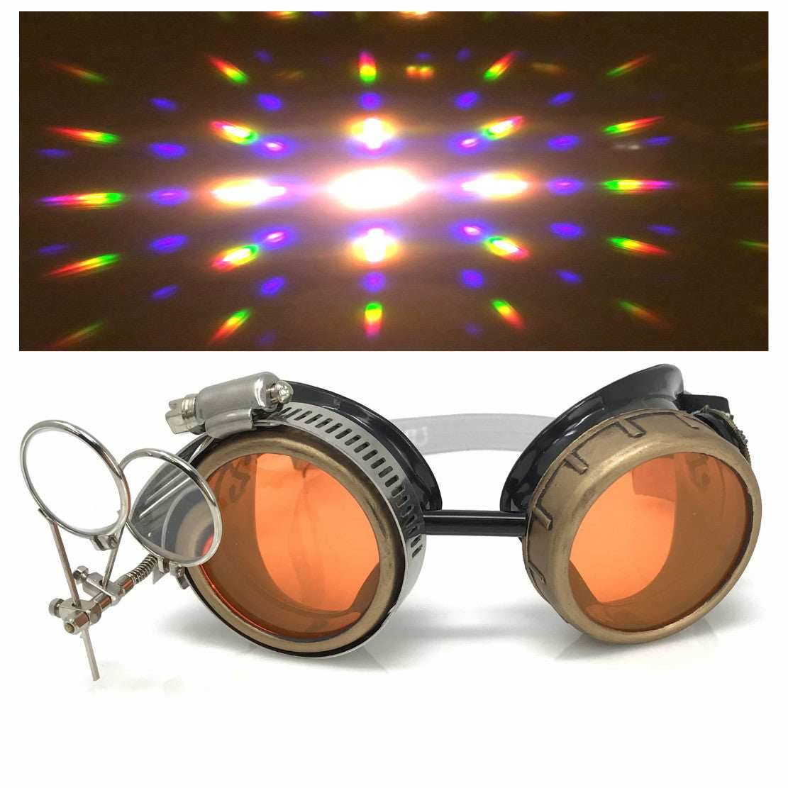 Steampunk Goggles with magnifying loupes UV glow neon orange prism diffraction lenses - 