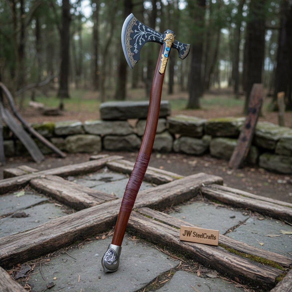Hand-Forged Viking Double-Bit Fantasy Display Axe with Engraved Head