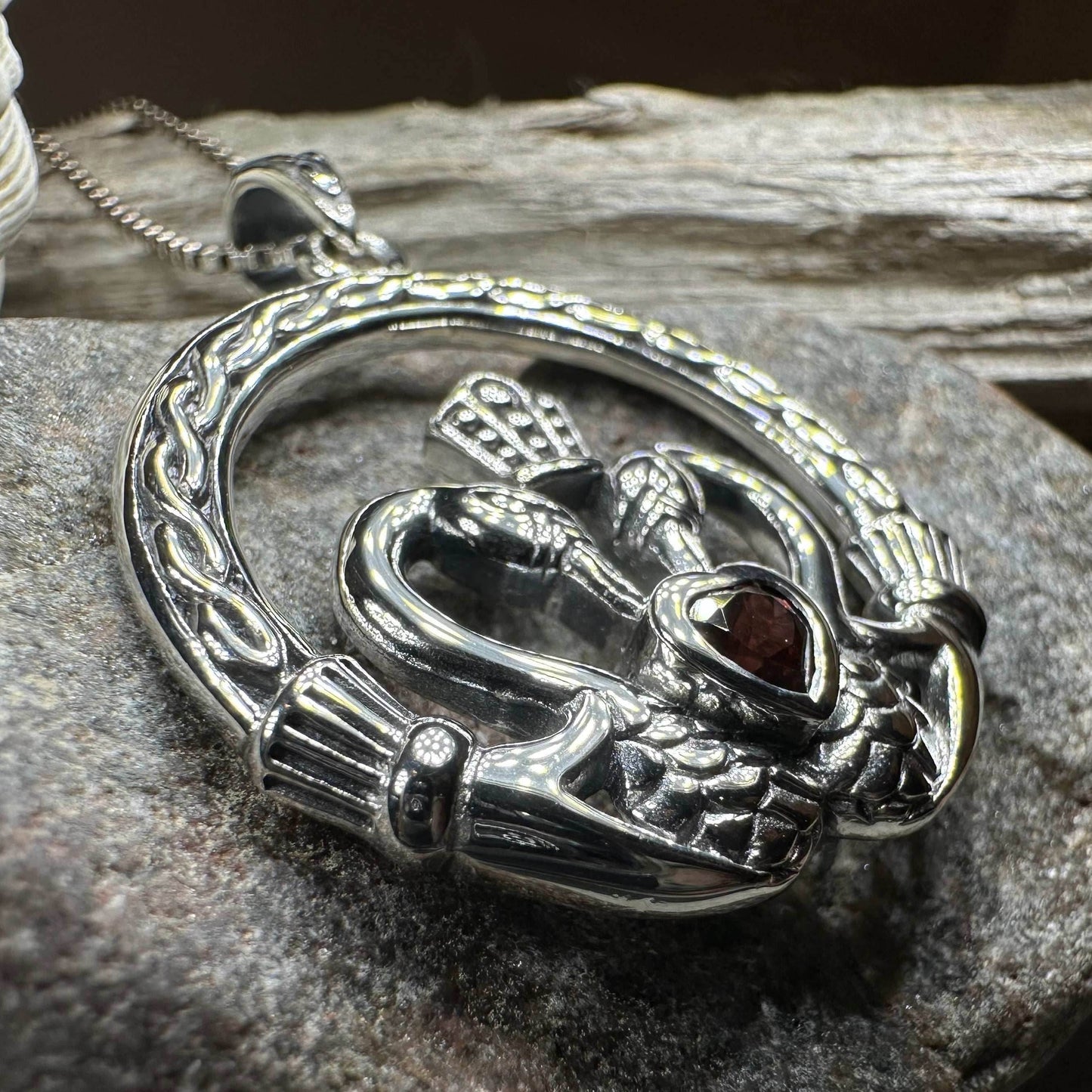 Celtic Swan Claddagh Necklace - 18 / Garnet