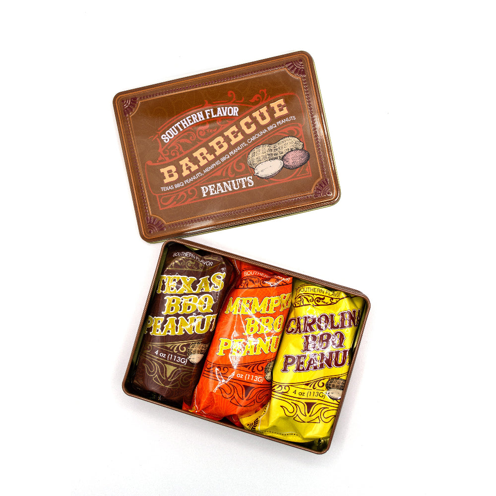 Southern BBQ Peanuts Men's Gift Tin – 3 Gourmet BBQ Flavors | Texas, Memphis & Carolina Peanuts