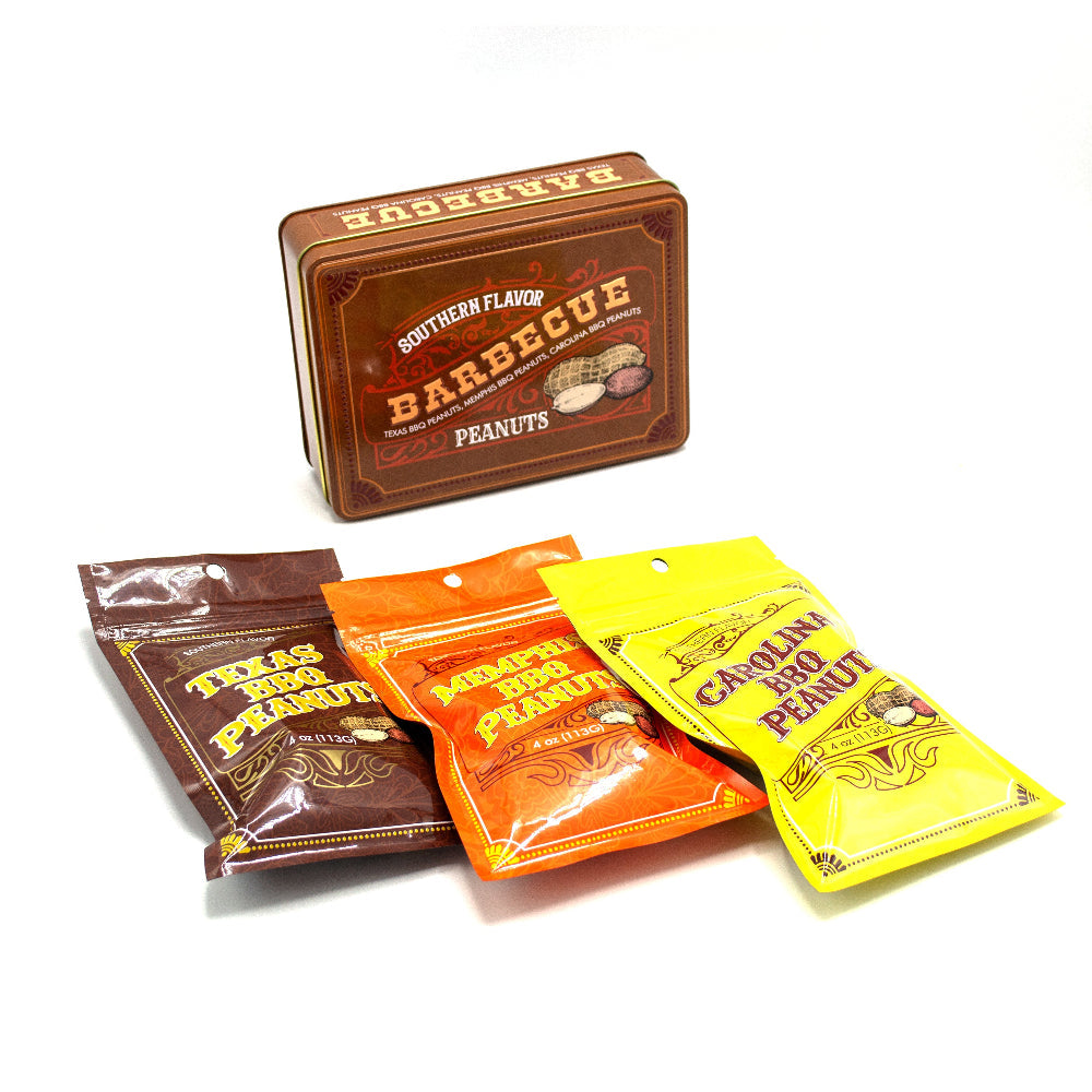 Southern BBQ Peanuts Men's Gift Tin – 3 Gourmet BBQ Flavors | Texas, Memphis & Carolina Peanuts