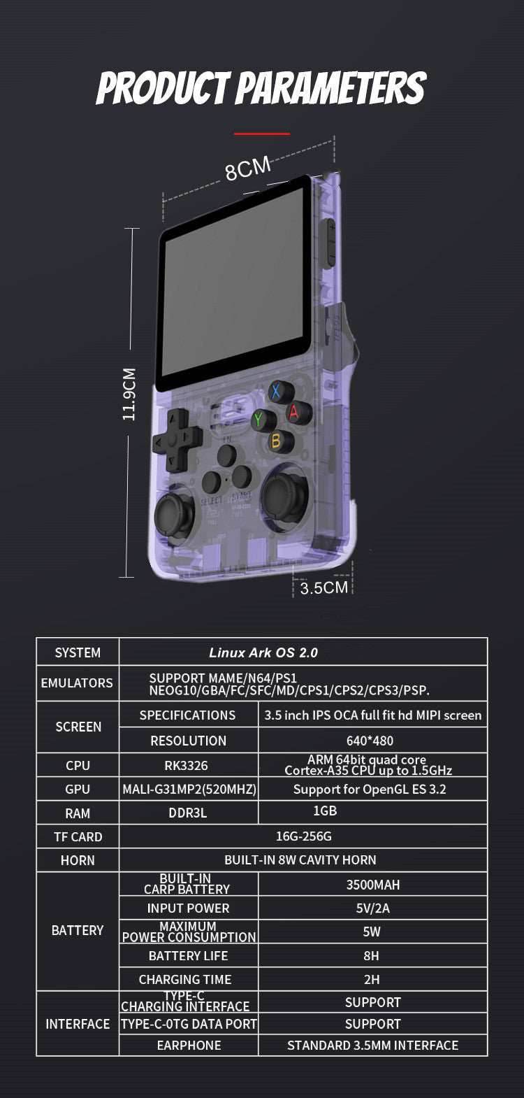 R36S Portable Handheld Retro Arcade Joystick All-in-One Open-Source Gaming Console - Purple / 64G