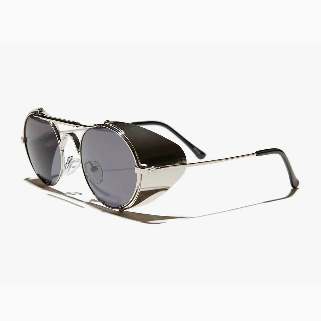 Oval Steampunk Sunglass with Folding Side Shields - Bram 3 - Silver / Gray Lens