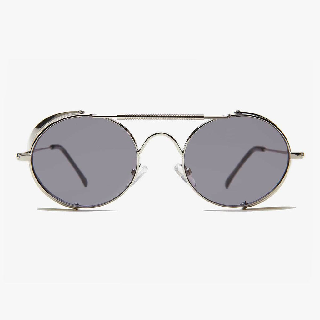 Oval Steampunk Sunglass with Folding Side Shields - Bram 3 - Silver / Mirror Lens