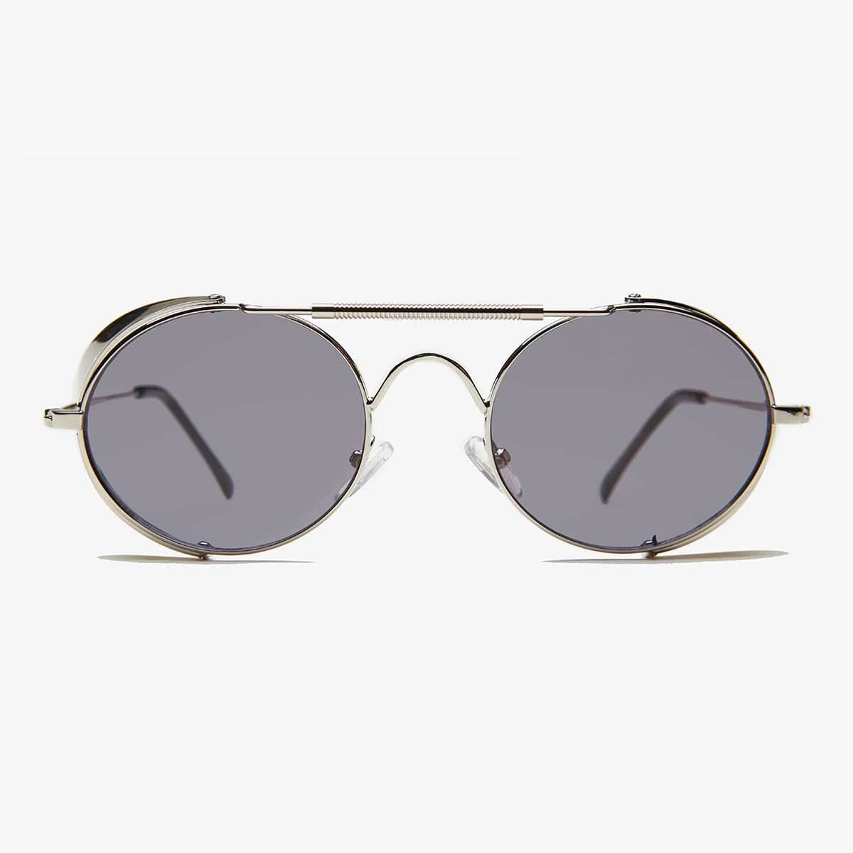 Oval Steampunk Sunglass with Folding Side Shields - Bram 3 - Silver / Mirror Lens