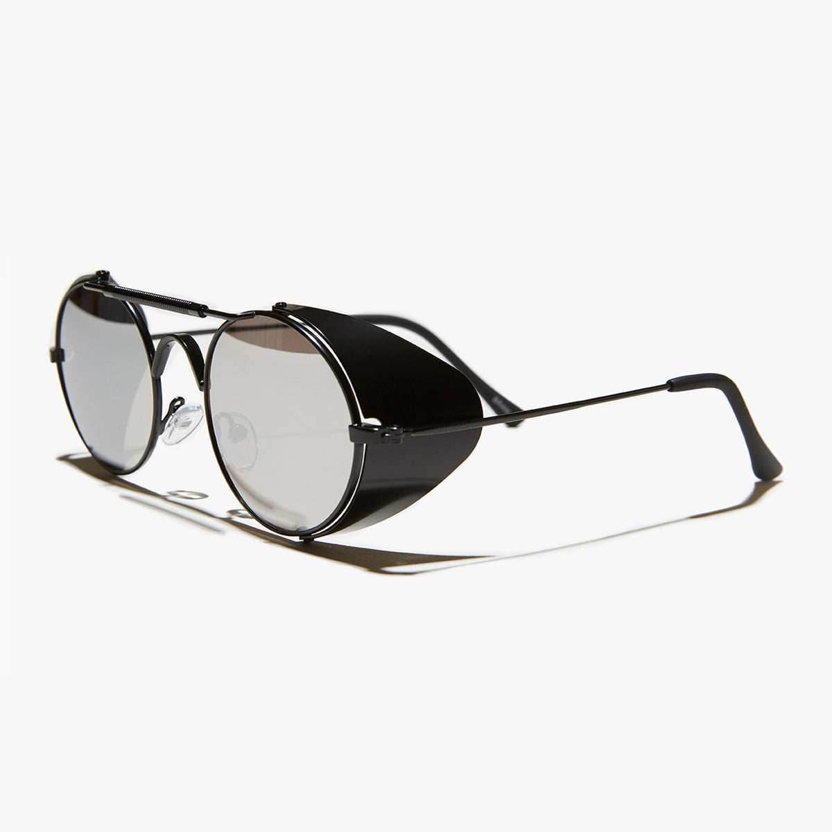 Black Steampunk Sunglass with Folding Side Shields - Bram 4 - Black / Mirror Lens