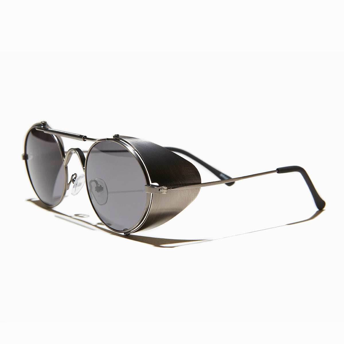 Oval Steampunk Sunglass with Folding Side Shields - Bram 3 - Gunmetal / Gray Lens