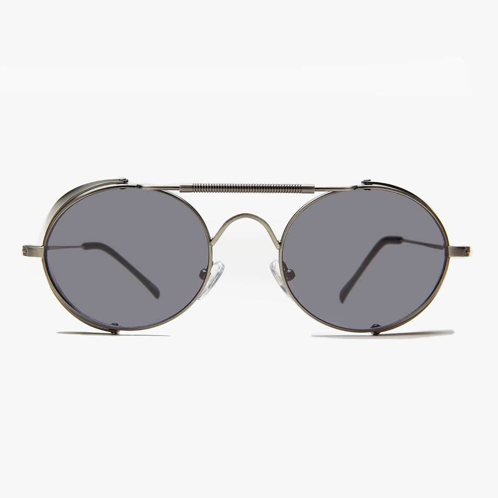 Oval Steampunk Sunglass with Folding Side Shields - Bram 3 - Silver / Mirror Lens
