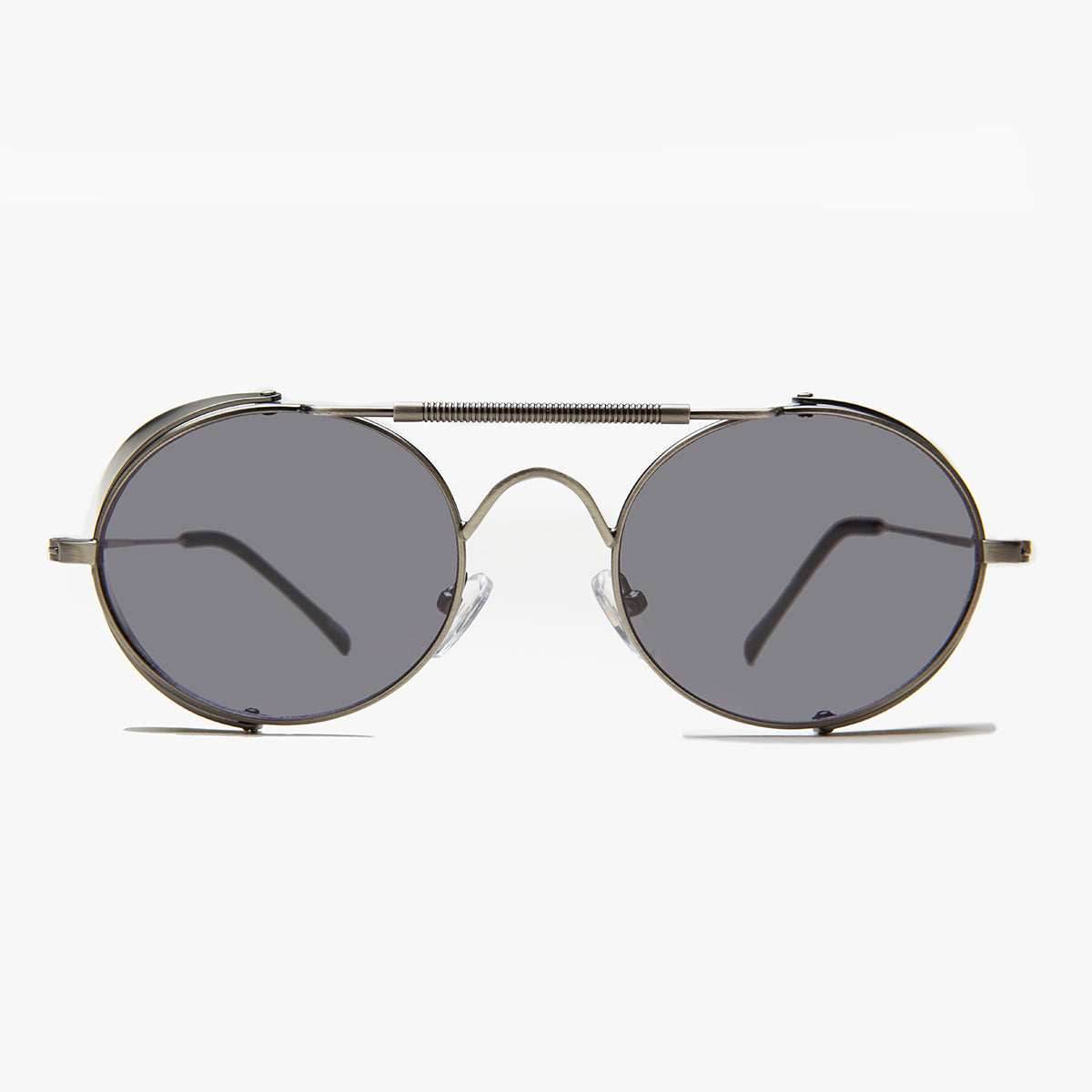Oval Steampunk Sunglass with Folding Side Shields - Bram 3 - Silver / Mirror Lens