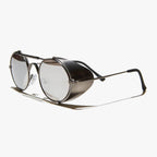 Oval Steampunk Sunglass with Folding Side Shields - Bram 3 - Gunmetal / Mirror Lens