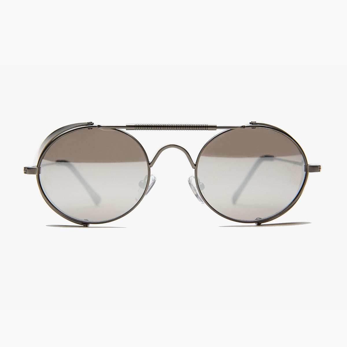 Oval Steampunk Sunglass with Folding Side Shields - Bram 3 - Silver / Mirror Lens