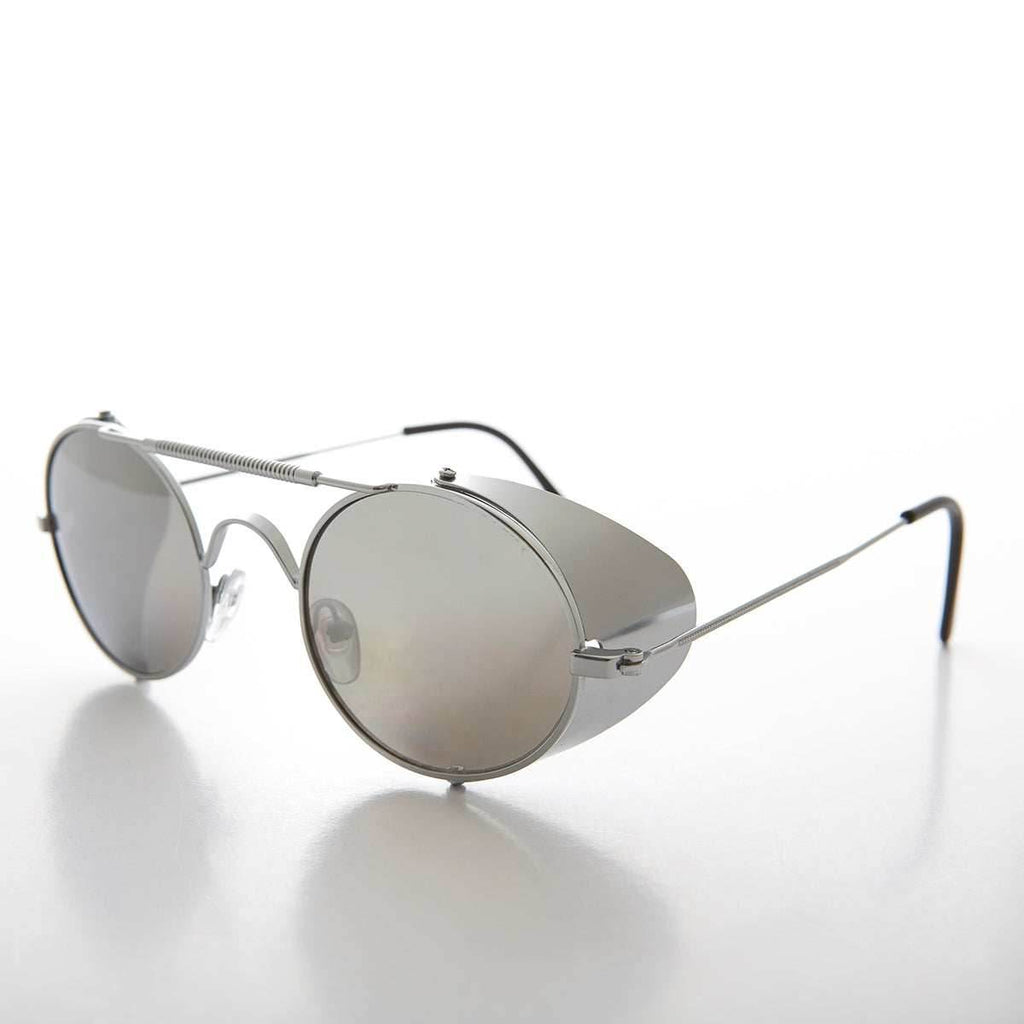 Oval Steampunk Sunglass with Folding Side Shields - Bram 3 - Silver / Mirror Lens