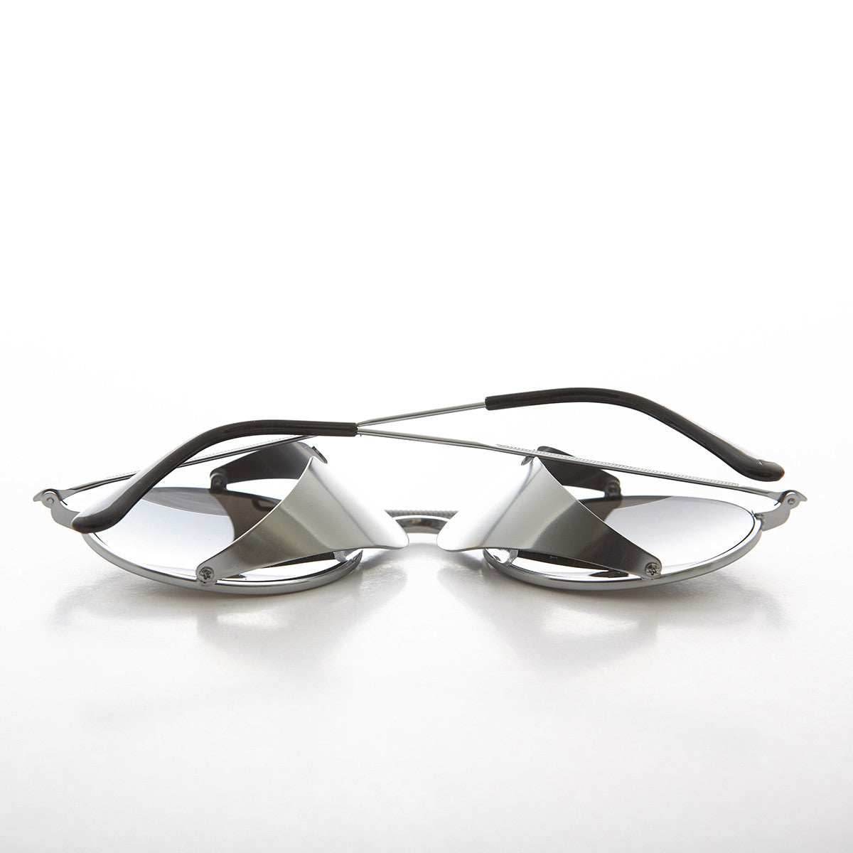 Oval Steampunk Sunglass with Folding Side Shields - Bram 3 - Silver / Mirror Lens