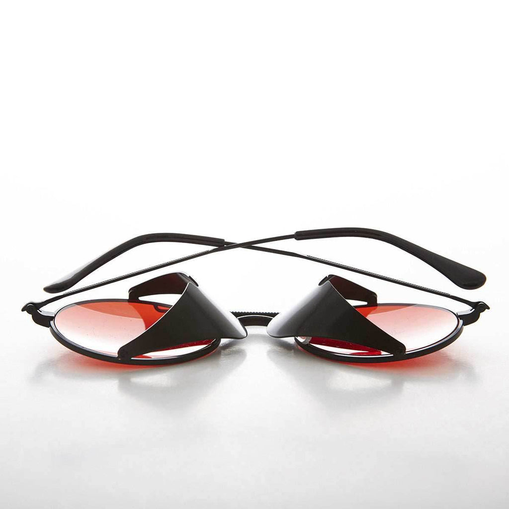 Red Lens Steampunk Sunglass with Folding Side Shields - Bram 7 - Black / Red Lens