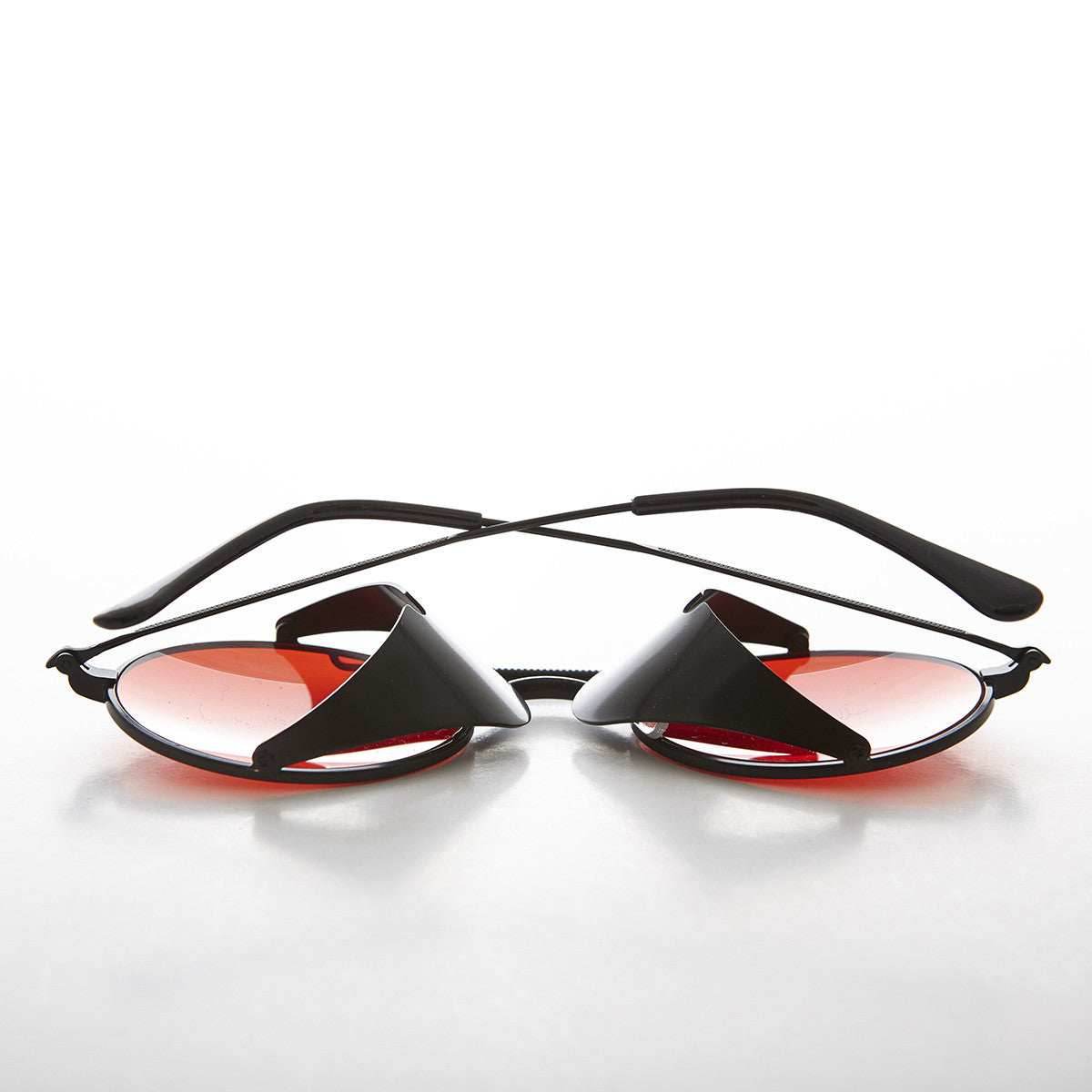 Red Lens Steampunk Sunglass with Folding Side Shields - Bram 7 - Black / Red Lens
