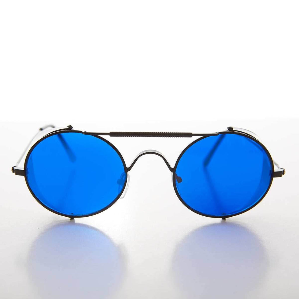 Blue Lens Steampunk Sunglass with Folding Side Shields - Bram 1 - Gun Metal / Blue Lens