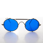 Blue Lens Steampunk Sunglass with Folding Side Shields - Bram 1 - Gun Metal / Blue Lens