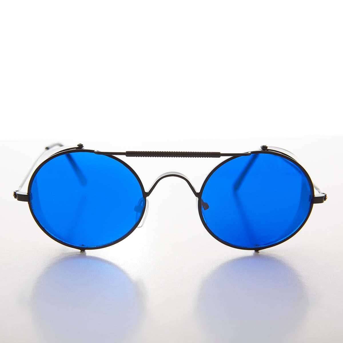 Blue Lens Steampunk Sunglass with Folding Side Shields - Bram 1 - Gun Metal / Blue Lens