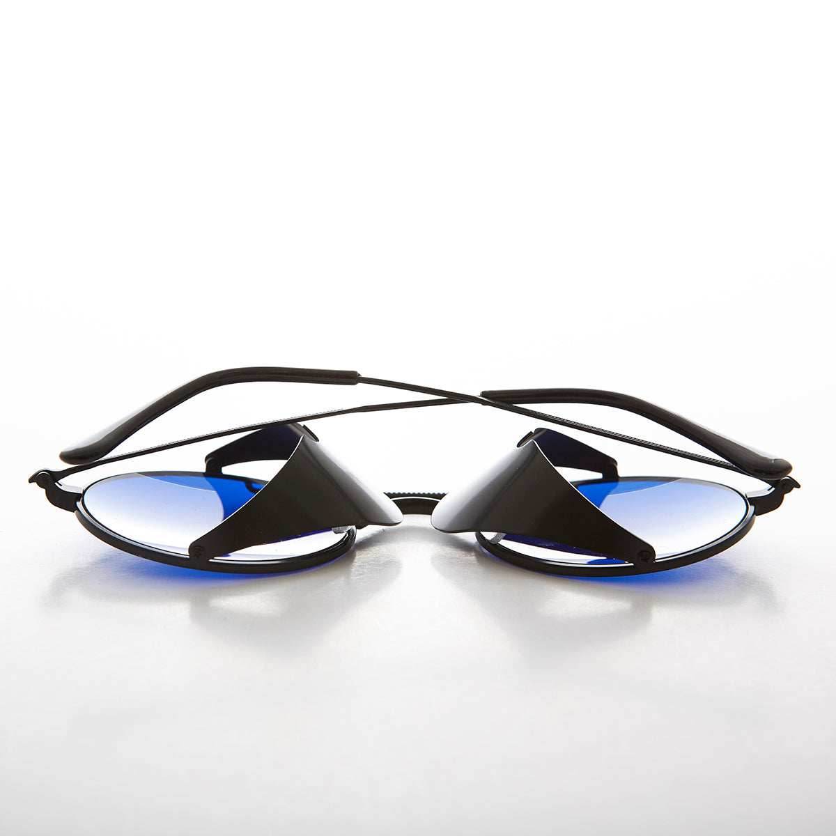 Blue Lens Steampunk Sunglass with Folding Side Shields - Bram 1 - Gun Metal / Blue Lens