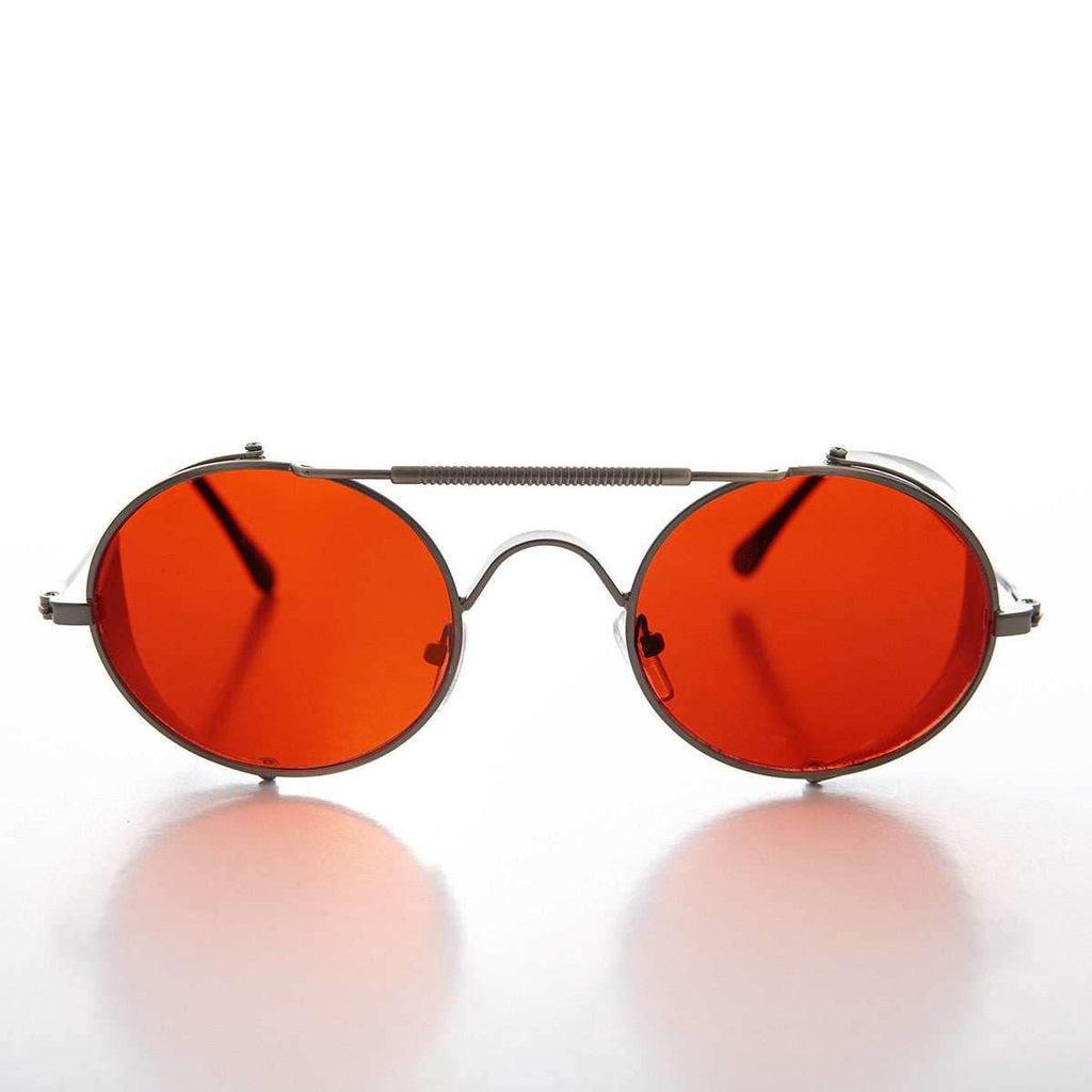 Red Lens Steampunk Sunglass with Folding Side Shields - Bram 7 - Black / Red Lens