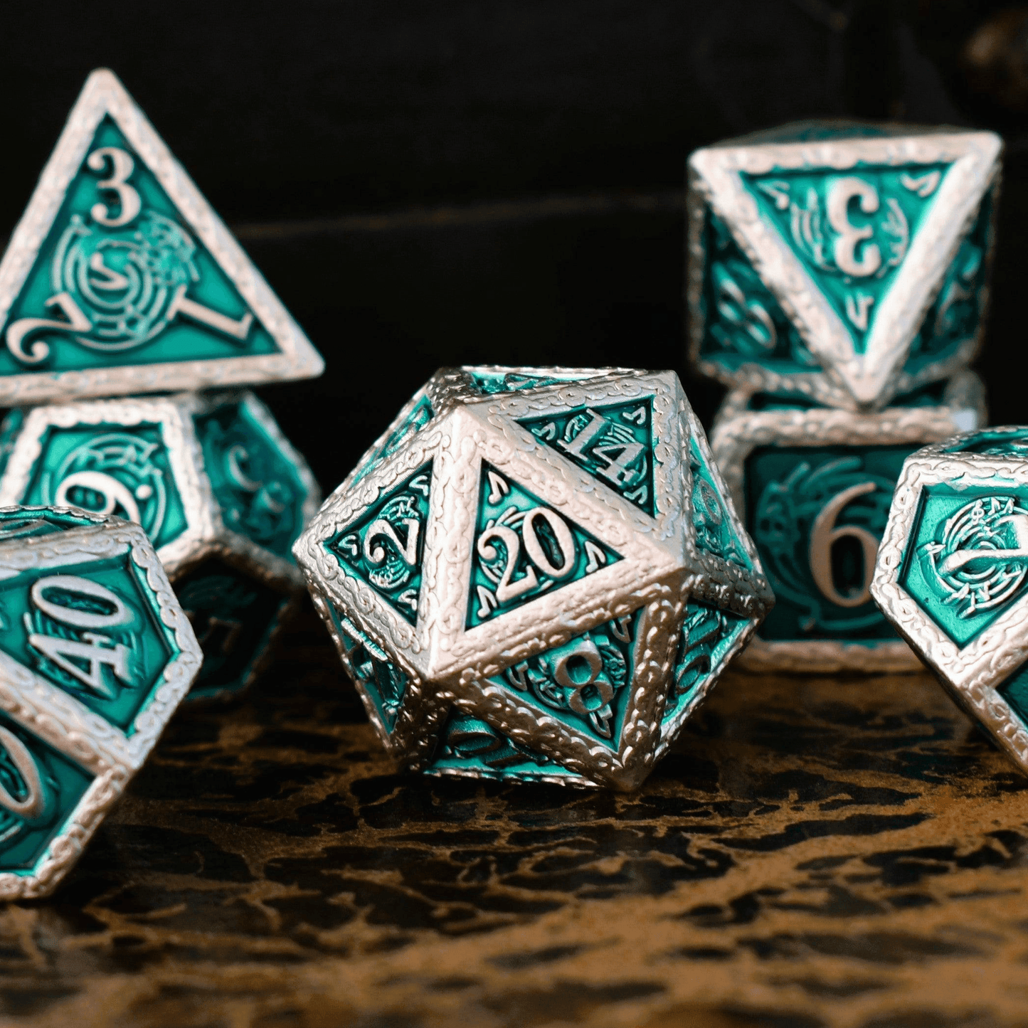 Ballad of the Bard Green and Silver Metal Dice Set - 