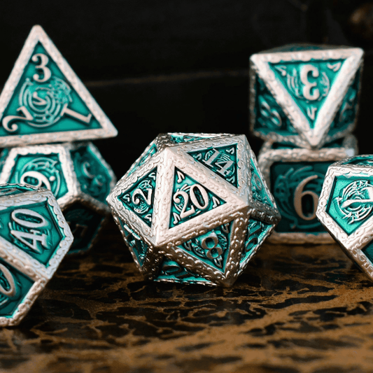 Ballad of the Bard Green and Silver Metal Dice Set - 
