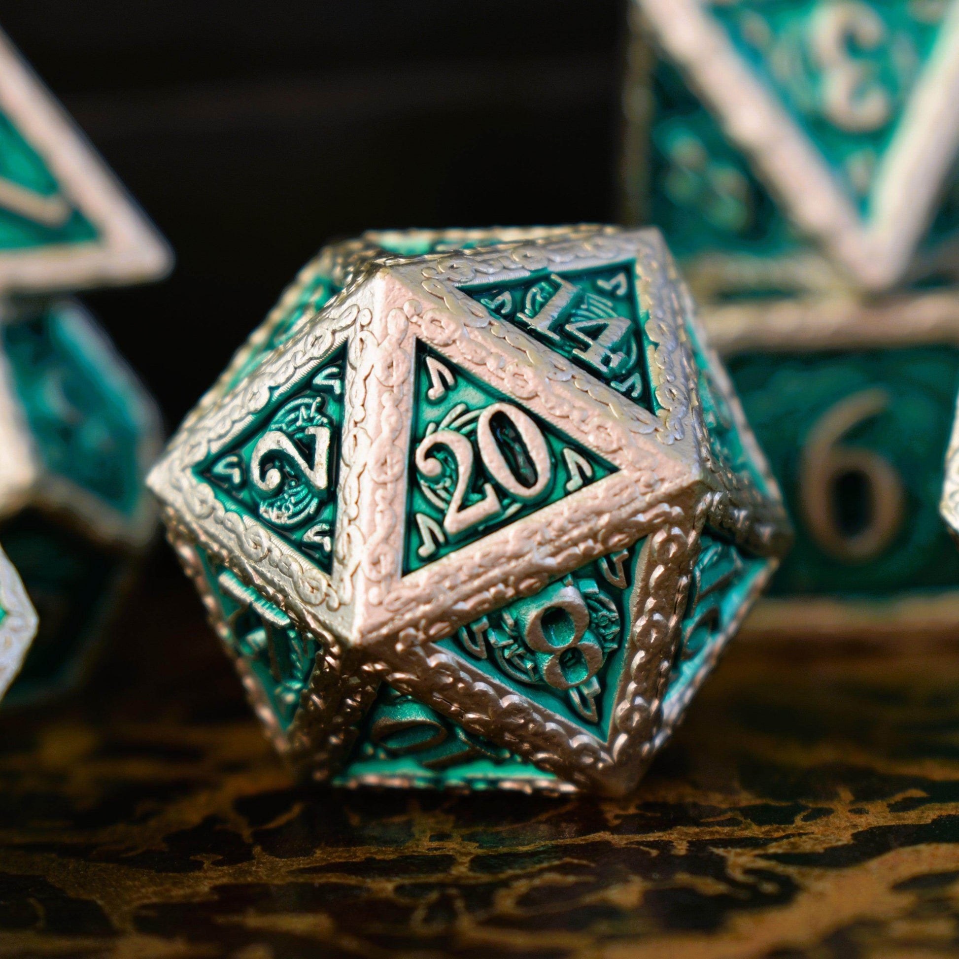 Ballad of the Bard Green and Silver Metal Dice Set - 