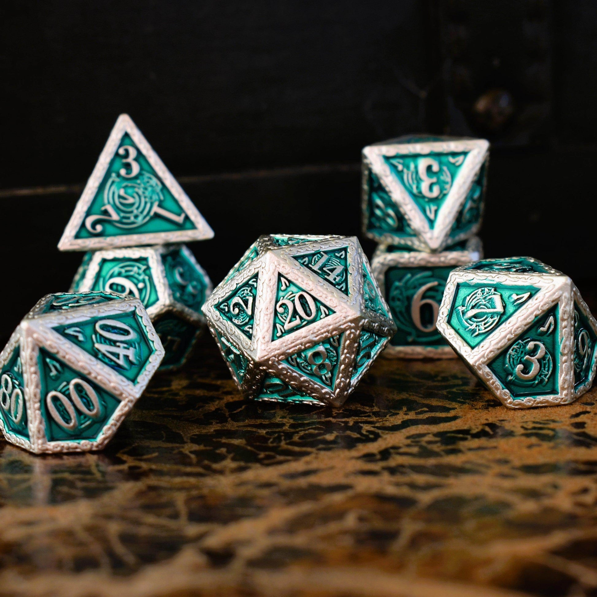 Ballad of the Bard Green and Silver Metal Dice Set - 