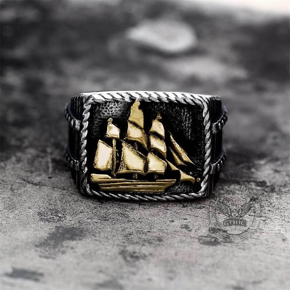 Barque Sailing Ship Stainless Steel Marine Ring - Silver / 7