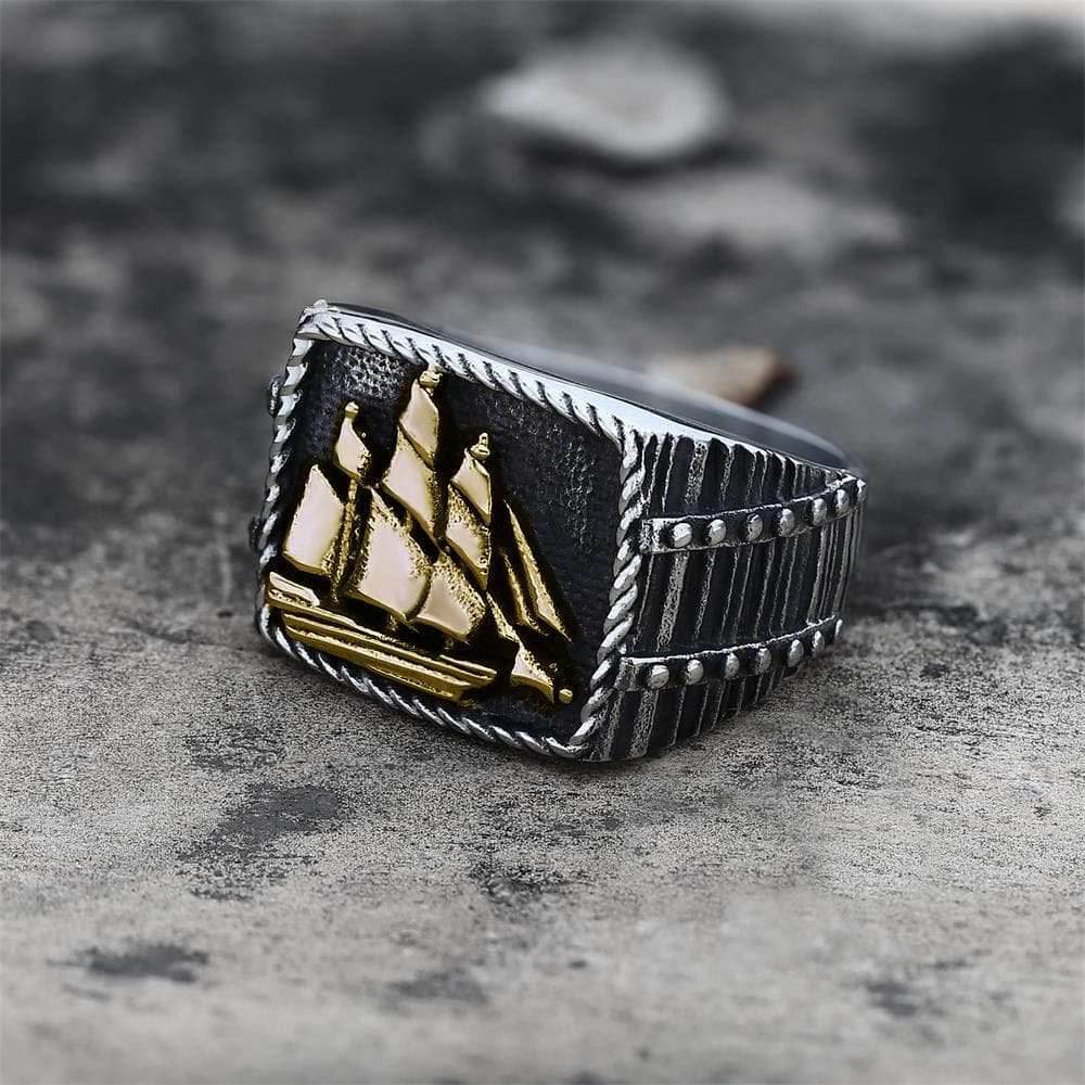 Barque Sailing Ship Stainless Steel Marine Ring - Silver / Gold / 7