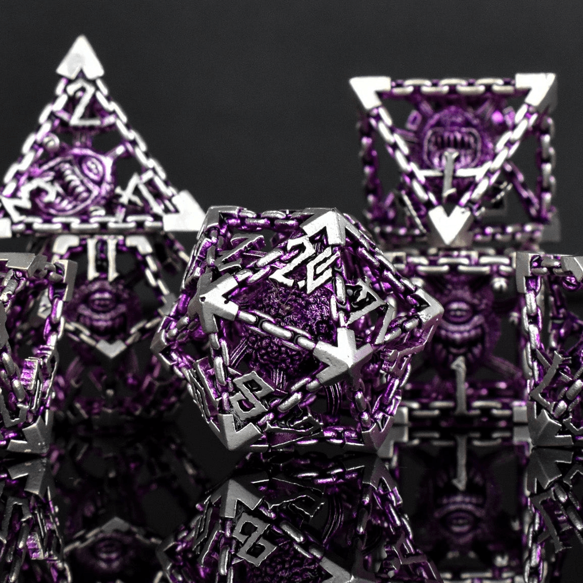 Beholder's Gates Hollow Metal Dice Set - Purple and Silver - 