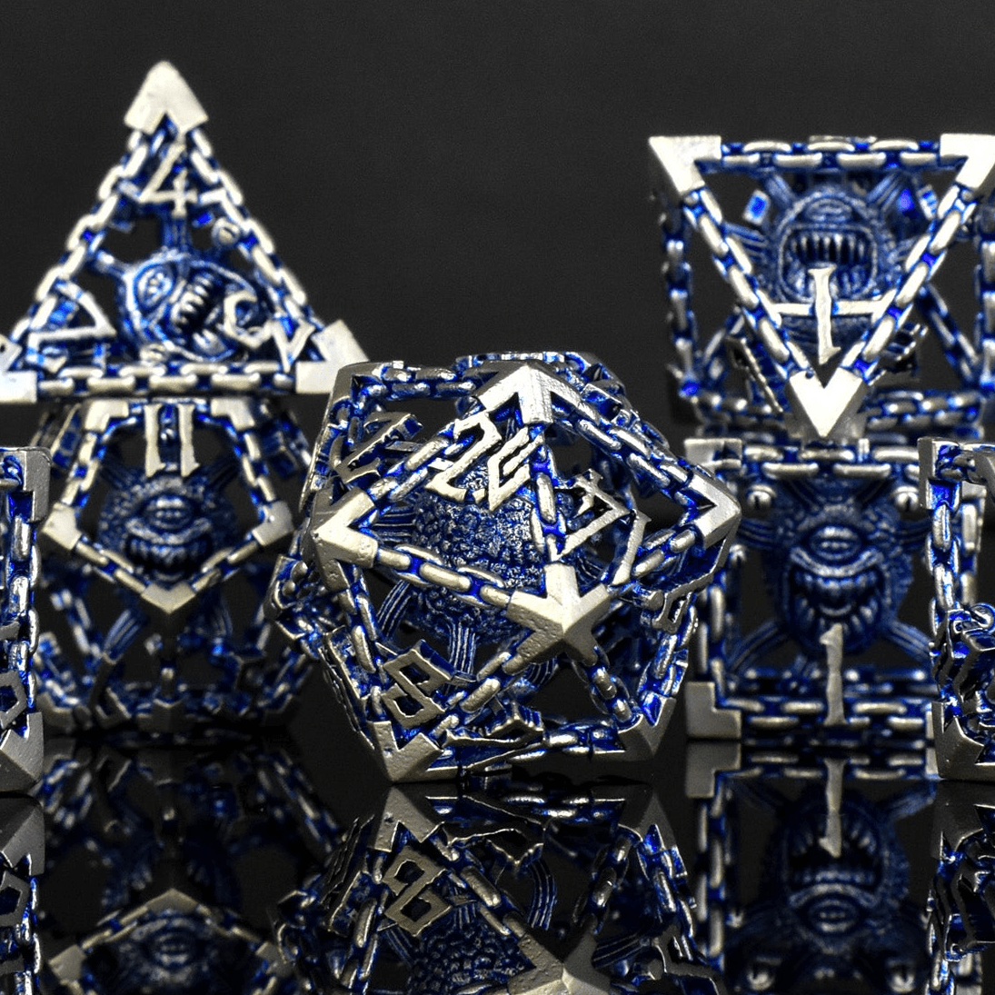 Beholder's Gates Hollow Metal Dice Set - Blue and Silver - 
