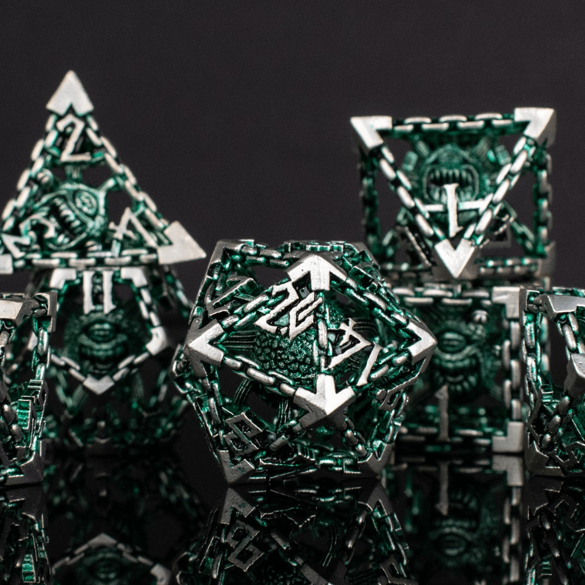 Beholder's Gates Hollow Metal Dice Set - Green and Silver - 
