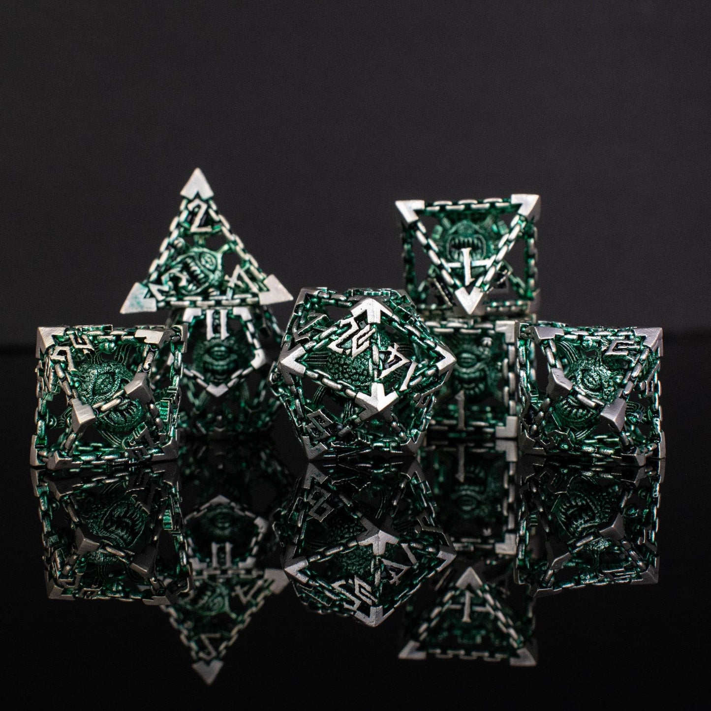 Beholder's Gates Hollow Metal Dice Set - Green and Silver - 