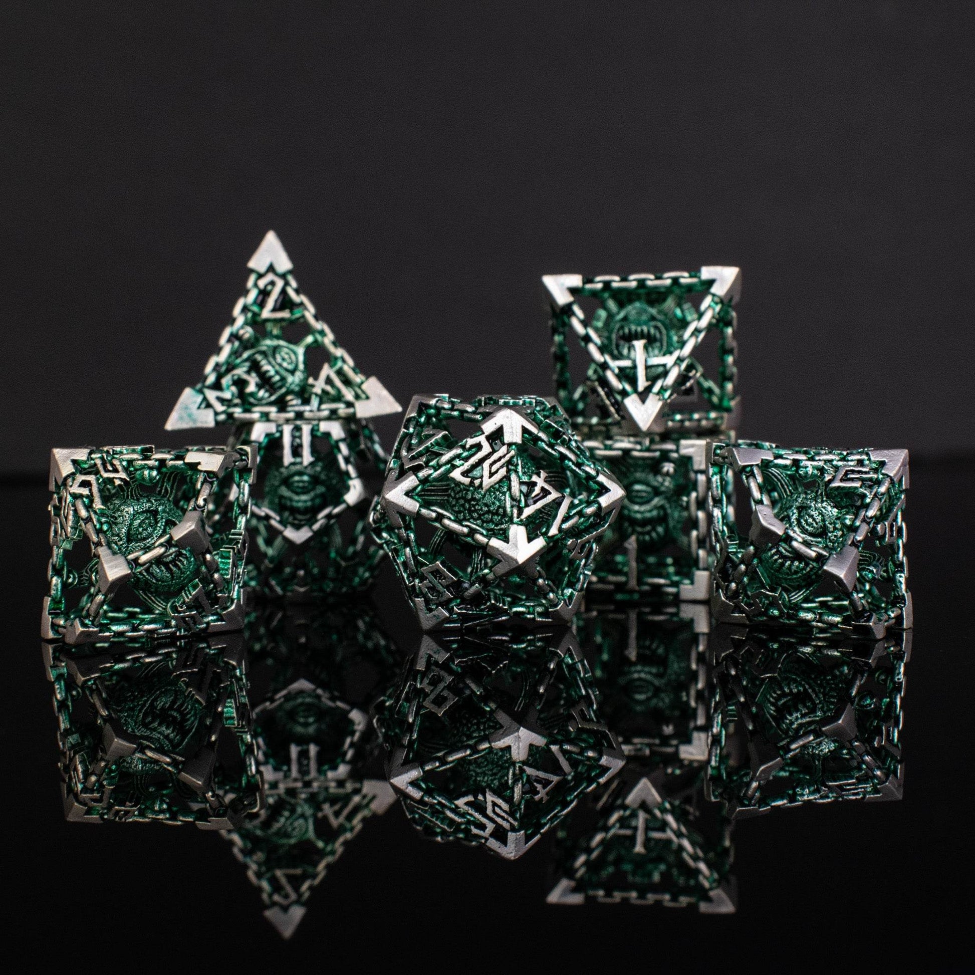 Beholder's Gates Hollow Metal Dice Set - Green and Silver - 