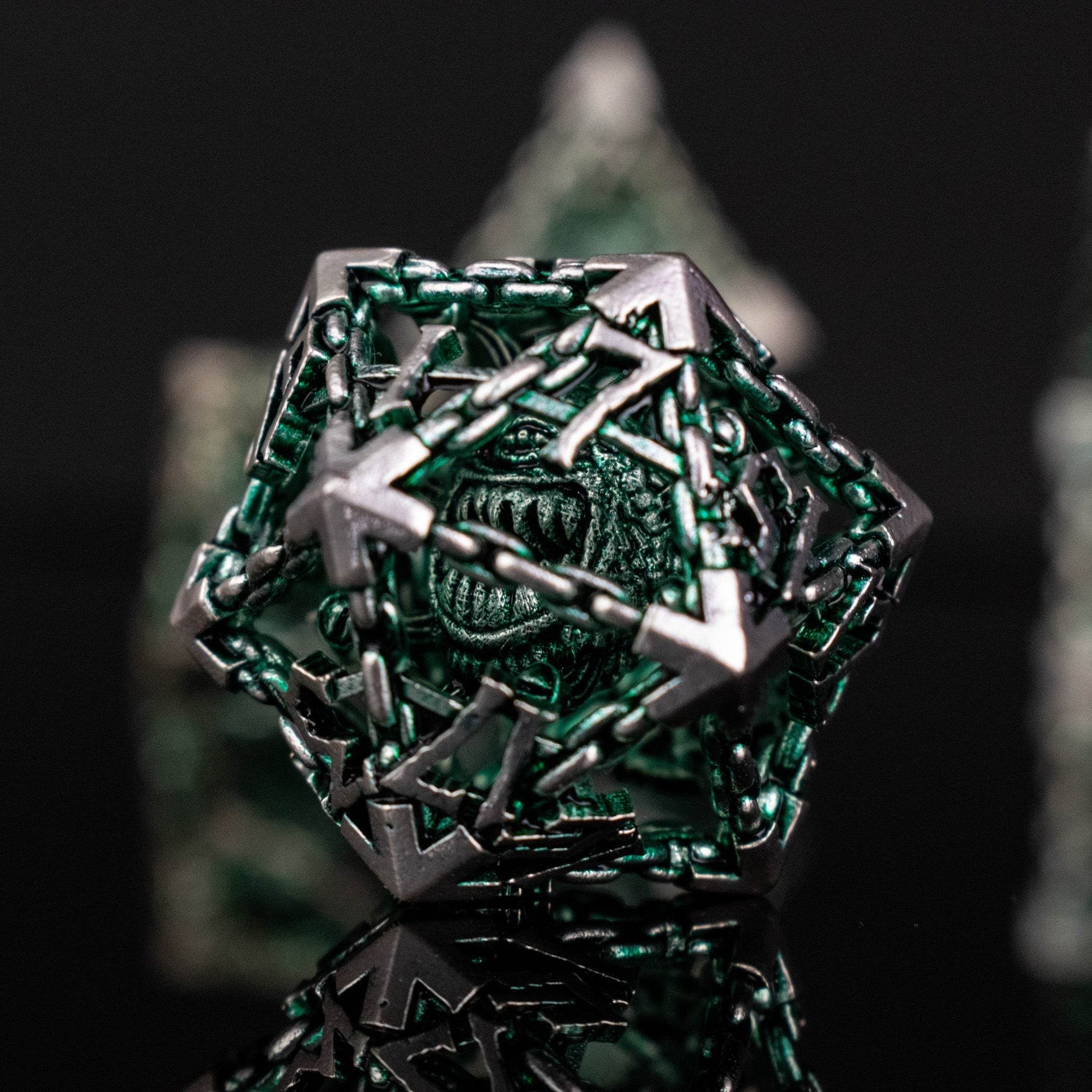 Beholder's Gates Hollow Metal Dice Set - Green and Silver - 