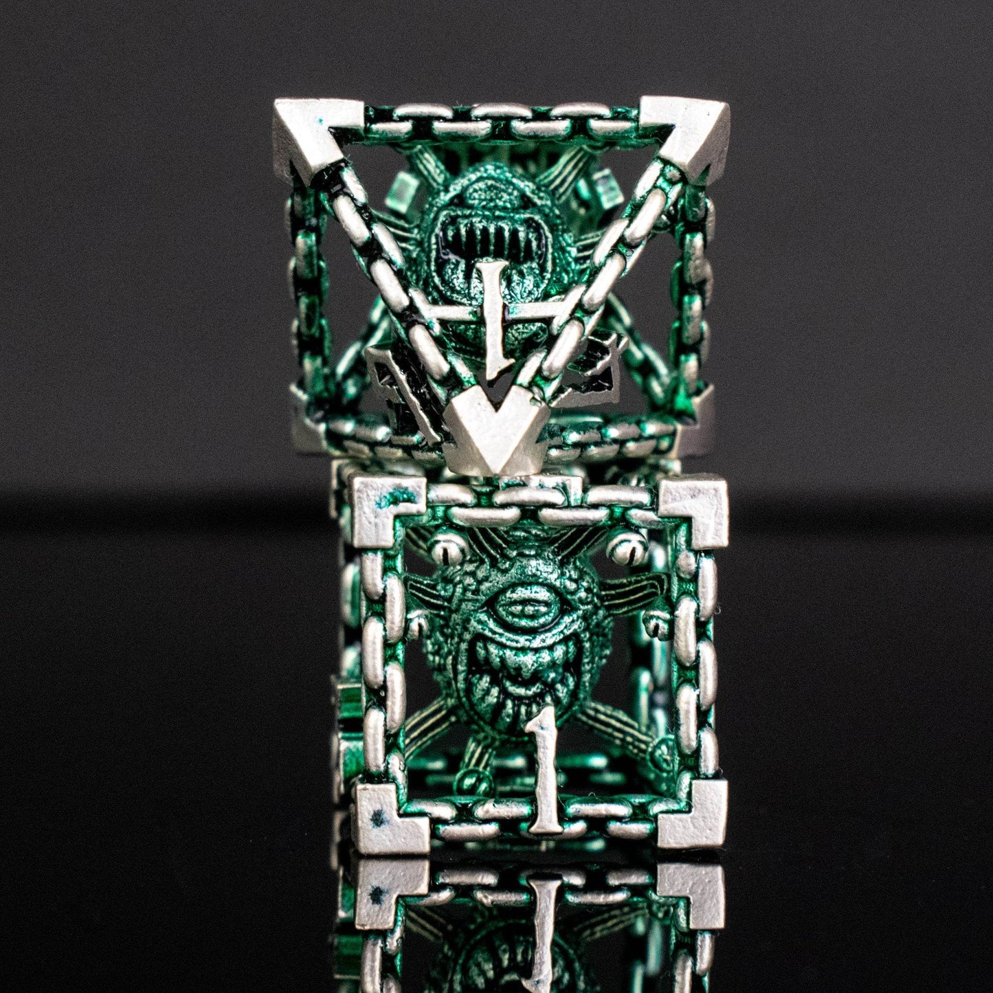 Beholder's Gates Hollow Metal Dice Set - Green and Silver - 