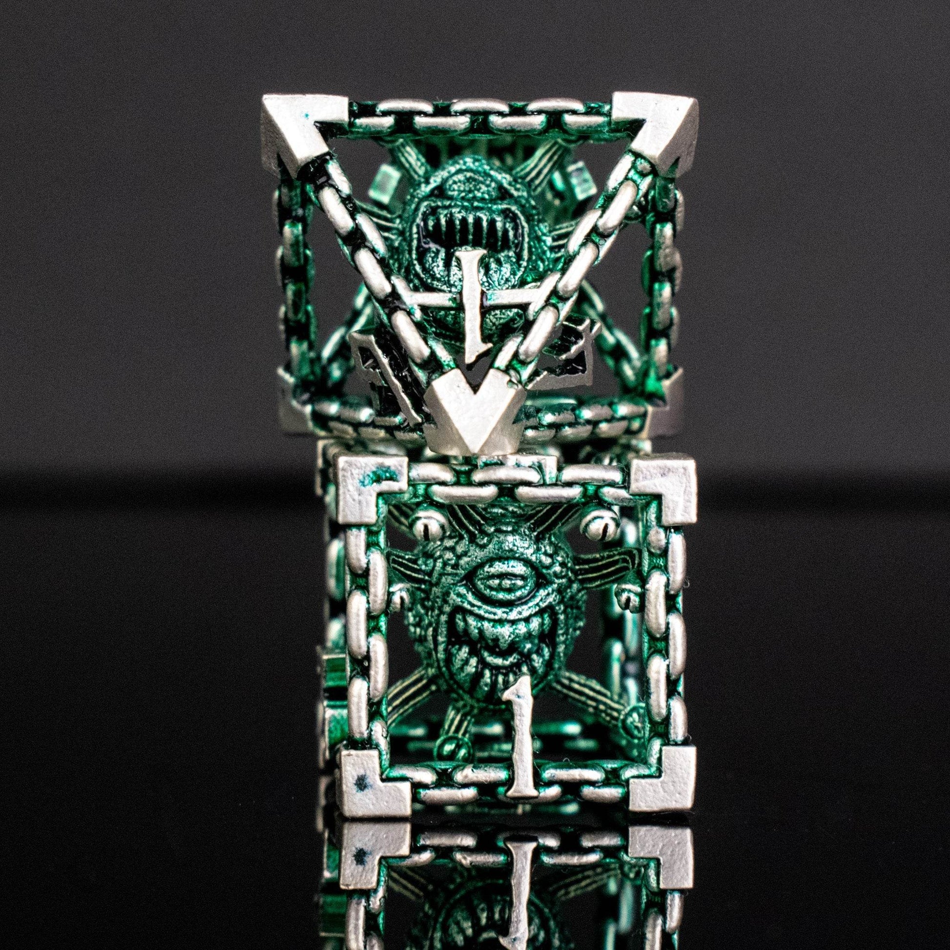 Beholder's Gates Hollow Metal Dice Set - Green and Silver - 