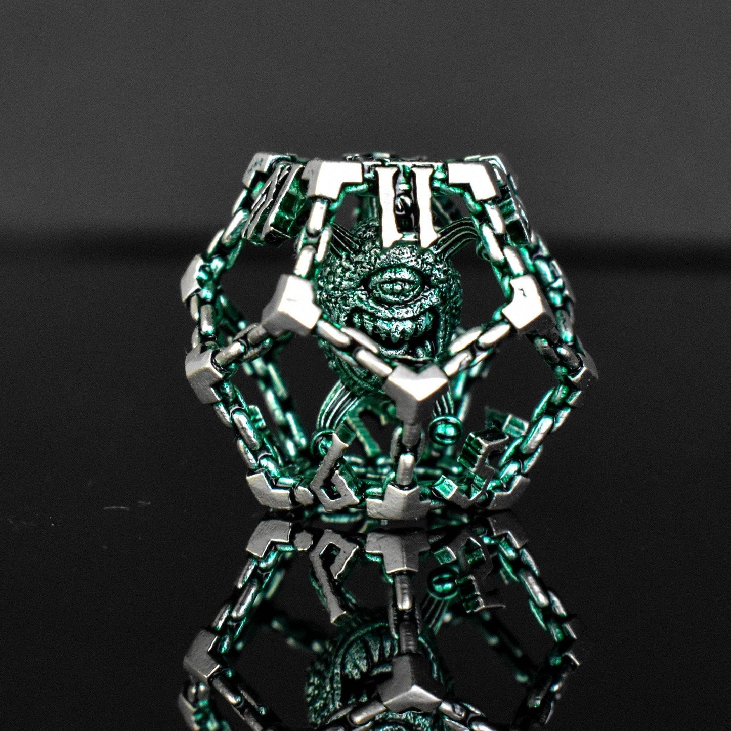 Beholder's Gates Hollow Metal Dice Set - Green and Silver - 